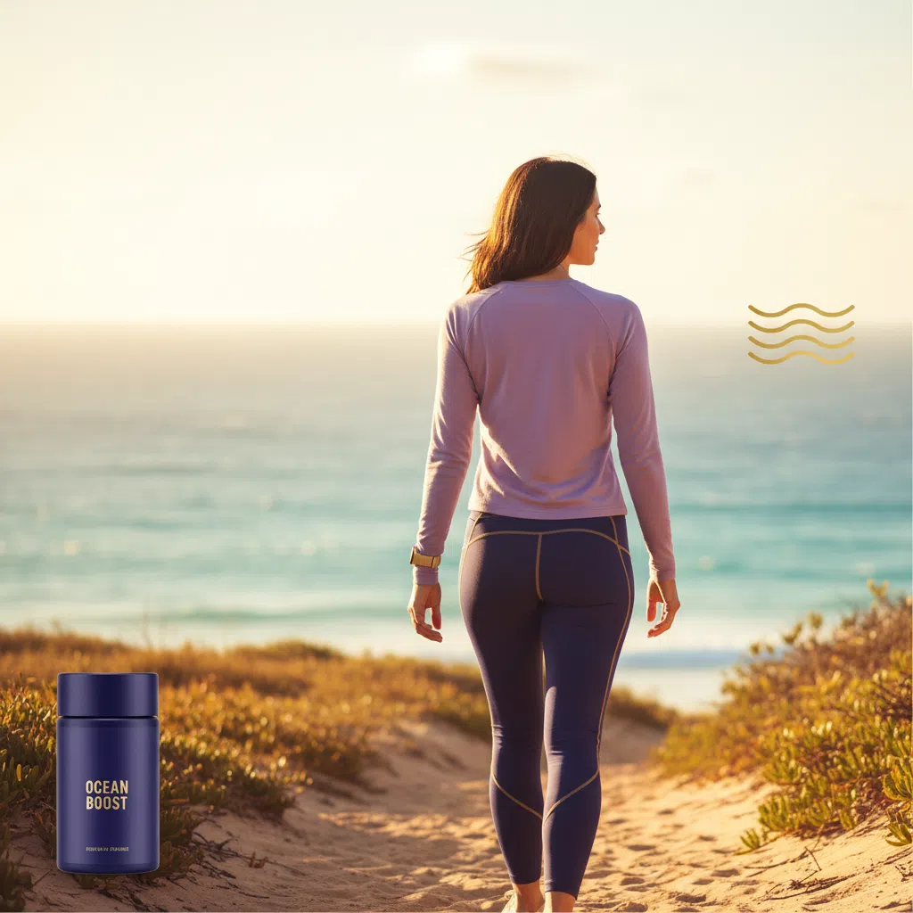 Anonymous person walking along a sunny Australian beach path - active lifestyle and daily wellness routine supplement
