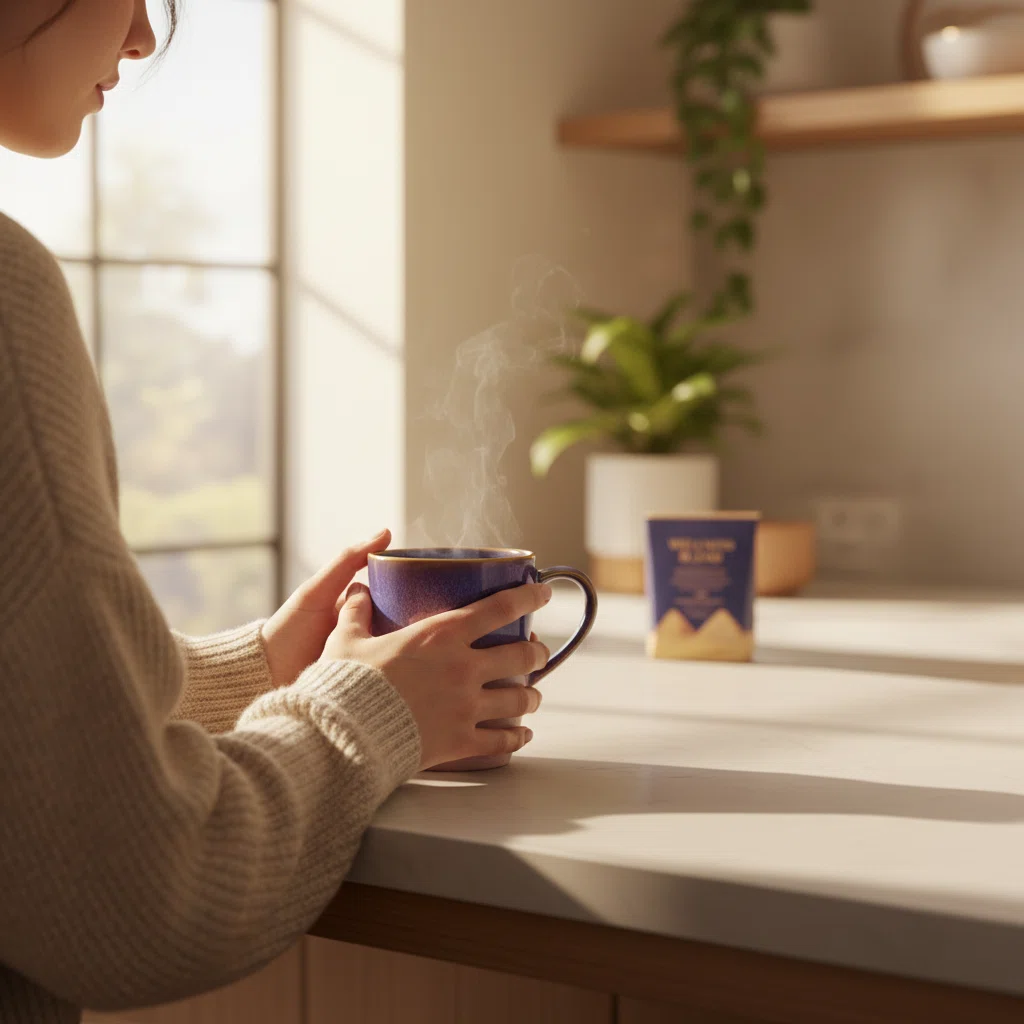 Anonymous person holding a warm mug at a kitchen bench - morning wellness routine